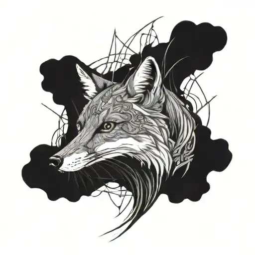 A detailed blackwork tattoo of a fox in a hunting pose, with elements of the sea incorporated to represent the client's passion for hunting and sailing tattoo design idea