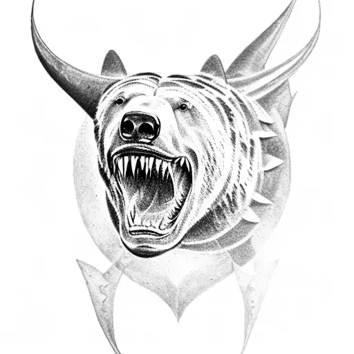 Tattoo with a grizzly bear, a shark, a clover, a warratah flower, a longhorn bull tattoo design idea