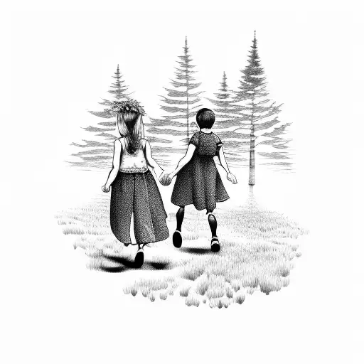 two children walking through forest tattoo design idea