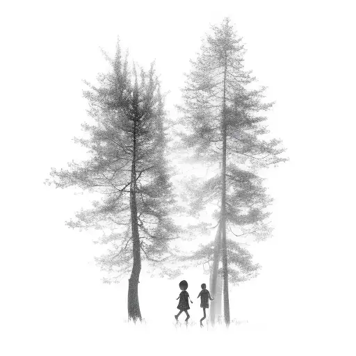 silhouette of two children walking through pine forest tattoo design idea