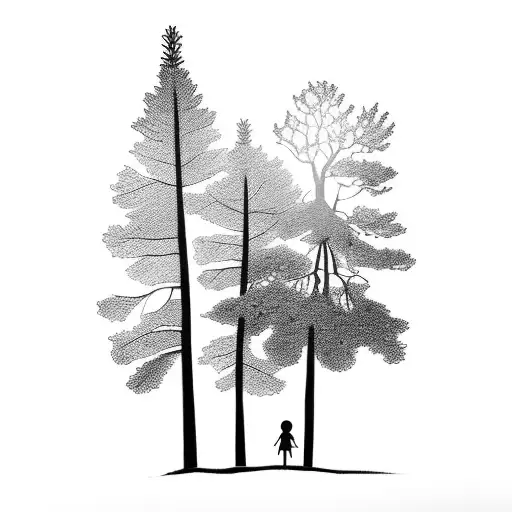 silhouette of two children walking holding hands through pine forest tattoo design idea