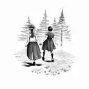 two children walking through forest tattoo design idea