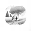 two children walking through forest tattoo design idea