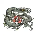 "trust no one" a snake biting hand  tattoo design idea