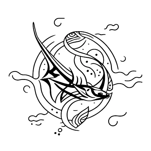 An elegant minimalist tattoo of a moon and a shark intertwined, symbolizing the balance between tranquility and strength. tattoo design idea