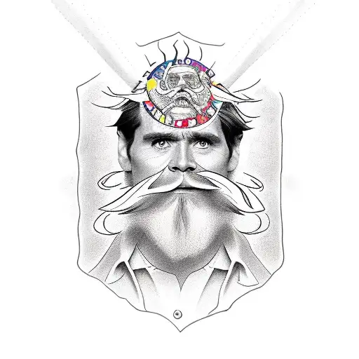 Jim Carrey with beard, smiling, sunshine halo tattoo design idea