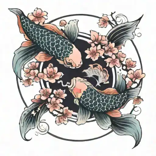 koi fish yin yang cherry blossom flowers tattoo design idea