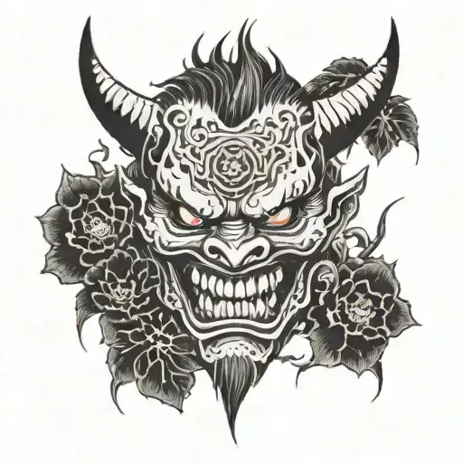 the front face of a Japanese demon, with flowers and thorns around it that shows its teeth and red details tattoo design idea