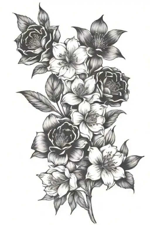 April birth flower, December birth flower, October birth flower, August birth flower, family, bouquet tattoo design idea
