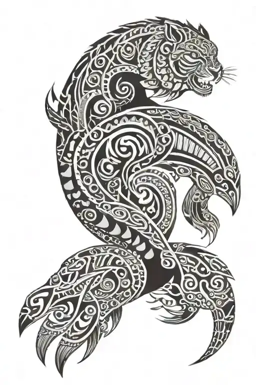 A Maori-inspired tattoo featuring a mix of native animals in a tribal style tattoo design idea