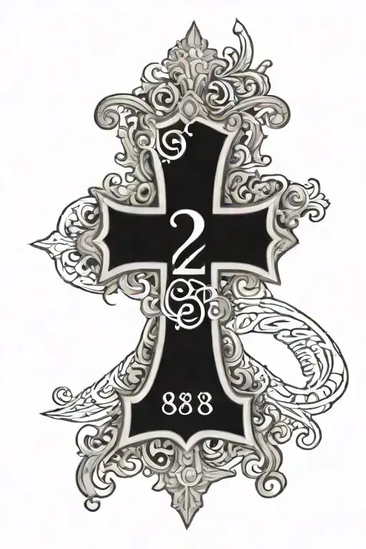 "Roman 8:28" written vertically along the side of a cross tattoo design idea