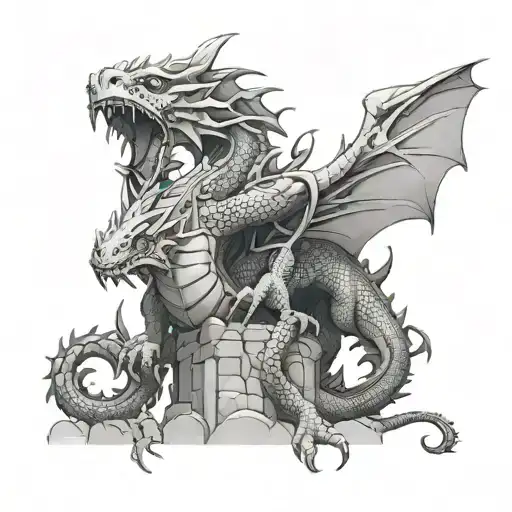 Comic-style dragons emerging from the shadows of ancient ruins tattoo design idea