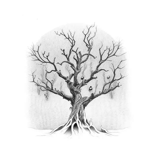 dead tree with 4 pairs of eyes tattoo design idea