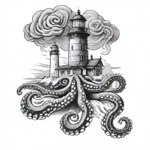 Realistic octopus wrapping its tentacles around a lighthouse with waves crashing into it in  tattoo design idea