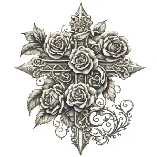 skinny cross with vines and roses intertwined tattoo design idea