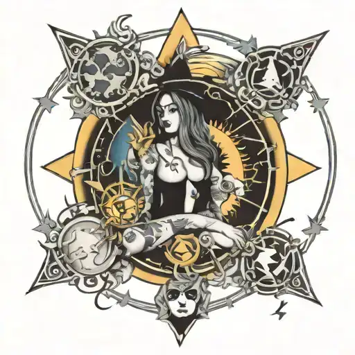 five pointed pentigram with a nude witch in the center and a sun and moon surrounding it tattoo design idea