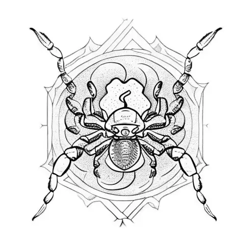A scorpion wearing a jester hat, surrounded by occult symbols tattoo design idea