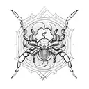 A scorpion wearing a jester hat, surrounded by occult symbols tattoo design idea