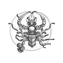 A scorpion wearing a jester hat, surrounded by occult symbols tattoo design idea