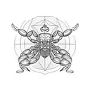 A scorpion wearing a jester hat, surrounded by occult symbols tattoo design idea
