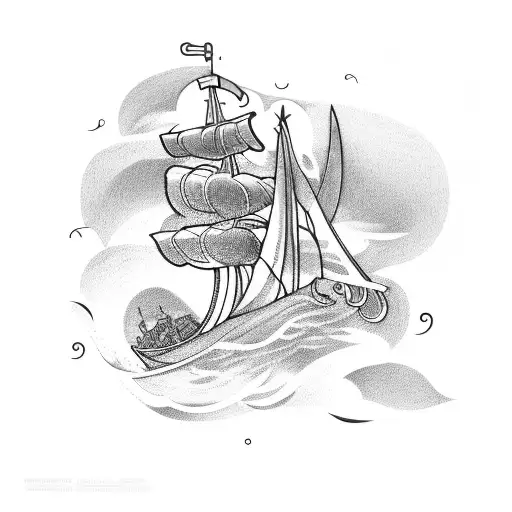 A Viking longship sailing on stormy seas with lightning striking in the background tattoo design idea
