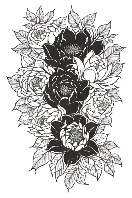 peonies, roses, sunflowers, lotus flower mix tattoo design idea