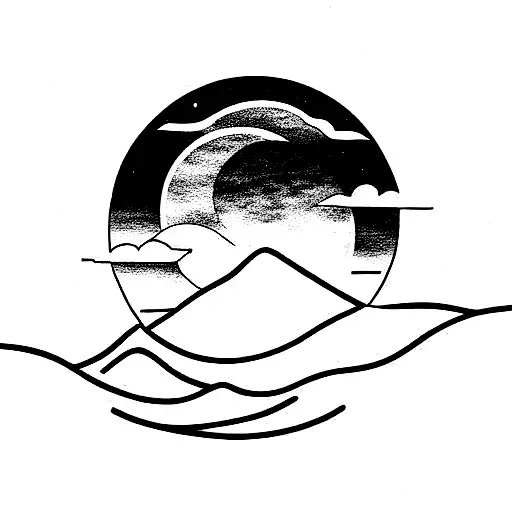  A mountain with a sunset on the left and wave with a moon tattoo design idea