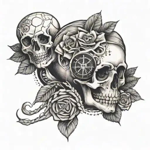 A detailed tattoo featuring Billie Eilish's lyrics intertwined with a skull, roses, and a compass tattoo design idea