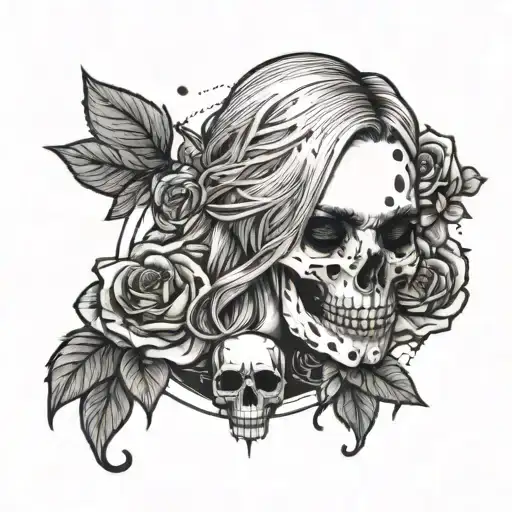 A minimalist silhouette of Billie Eilish surrounded by a skull, roses, and a compass tattoo design idea