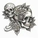A detailed tattoo featuring Billie Eilish's lyrics intertwined with a skull, roses, and a compass tattoo design idea