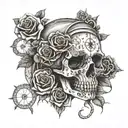 A detailed tattoo featuring Billie Eilish's lyrics intertwined with a skull, roses, and a compass tattoo design idea