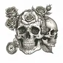 A detailed tattoo featuring Billie Eilish's lyrics intertwined with a skull, roses, and a compass tattoo design idea