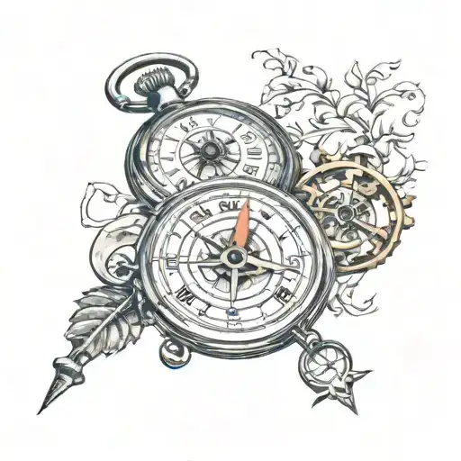 An old pocket watch and compass surrounded tattoo design idea
