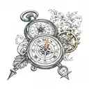 An old pocket watch and compass surrounded tattoo design idea