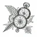 An old pocket watch and compass surrounded tattoo design idea