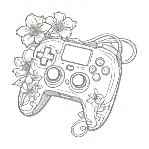 A sketch tattoo of a video game controller intertwined with a vine of exotic flowers, representing the client's passion for gaming and travel tattoo design idea