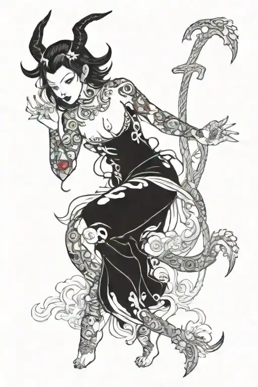 nude satanic girl standing tattoo design idea