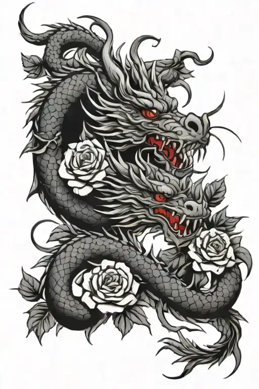 Japanese dragon with roses intertwined within her she tattoo design idea