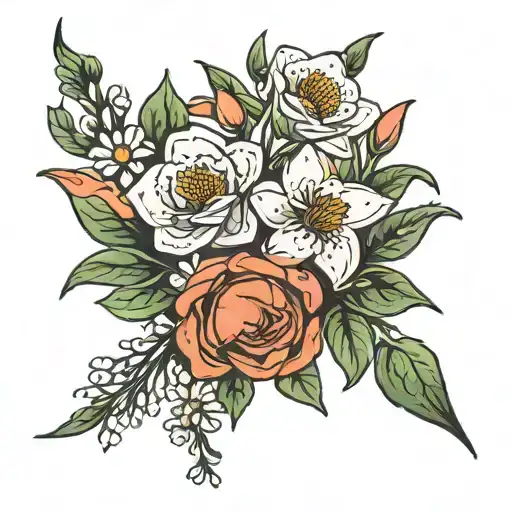 snowdrop rose, daisy, poppy bouquet tattoo design idea