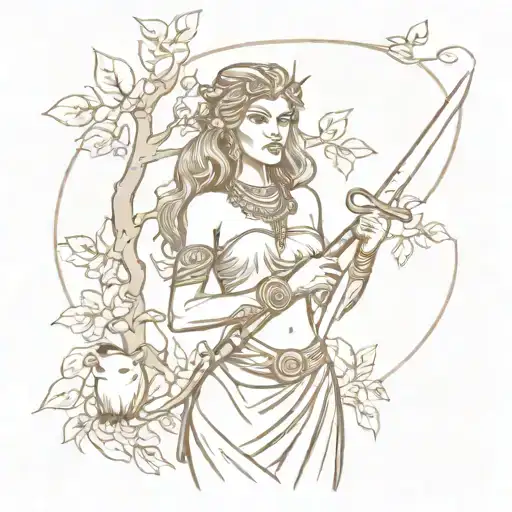 A goddess with tribal markings holding a dagger and standing under an apple tree, in a sepia tone setting tattoo design idea