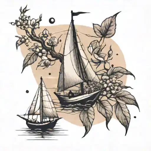 A sailboat with a dagger as its mast, sailing towards an apple tree under a sepia tone sky tattoo design idea