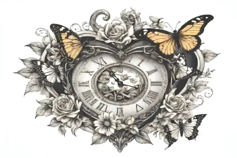 heart shaped clock surrounded by flowers blooming with butterflies and dragonflies tattoo design idea