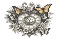 heart shaped clock surrounded by flowers blooming with butterflies and dragonflies tattoo design idea