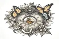 heart shaped clock surrounded by flowers blooming with butterflies and dragonflies tattoo design idea