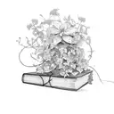 A stack of books with vines and flowers growing around them tattoo design idea
