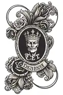 The inscription in Latin style "Caesarem Decet Stantem Mori", which is encircled by the crown of Gaius Julius Caesar tattoo design idea