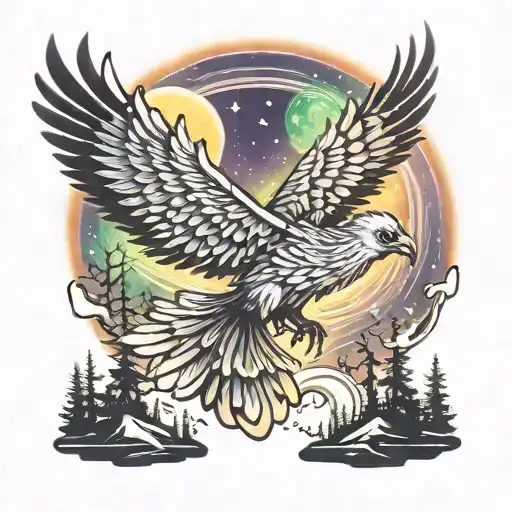 phoenix flying over the boreal aurora tattoo design idea