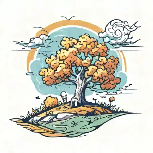 big autumn tree on hill tattoo design idea