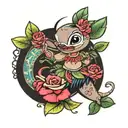 happy dancing hula Stich with roses around  tattoo design idea