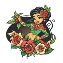 happy dancing hula Stich with roses around  tattoo design idea